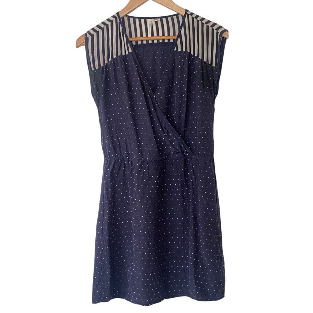 Macys Petticoat Alley 100% Silk Blue Cream Dot and Stripe Day Dress • Size XS ⬇️